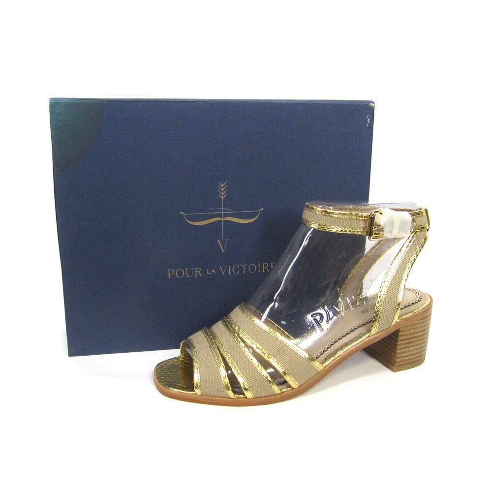 Pour La Victoire Rylie Sandals Sz 10 New $250 Gold Snake Natural Canvas 2" Heel